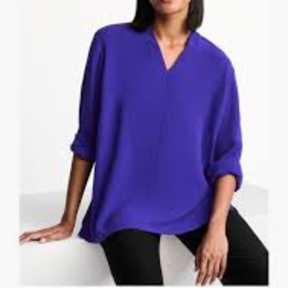 NWT Eileen Fisher Blue violet  Silk Georgette Crepe V-Neck Long Top